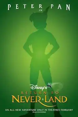 Peter Pan's shadow is seen on a green background, with Tinker Bell flying over the film's logo.