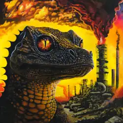 A Gila monster stands before a burning gas flare