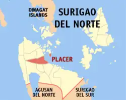 Map of Surigao del Norte with Placer highlighted
