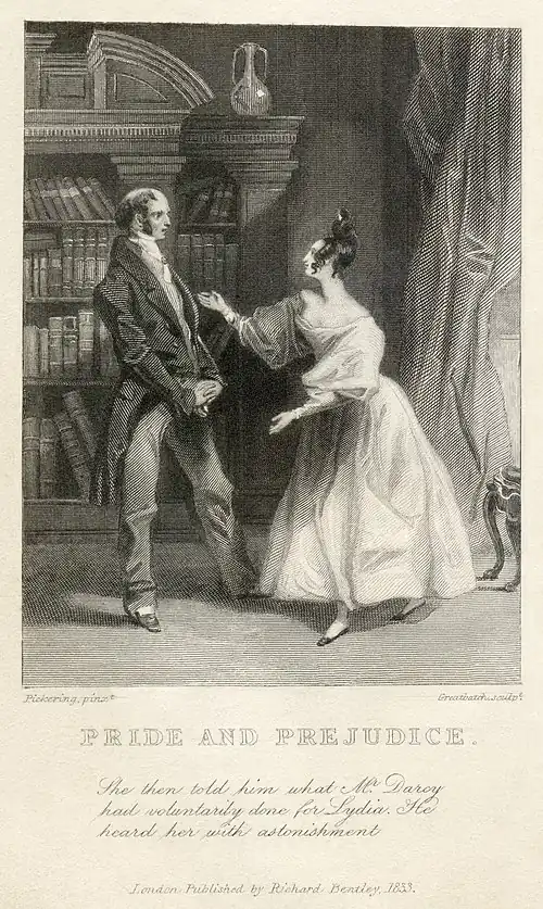 Image 13 Pride and Prejudice Artist: George Pickering, Engraver: William Greatbatch; Restoration: Adam Cuerden One of the two earliest illustrations of Jane Austen's novel Pride and Prejudice, which was first published on January 28, 1813. This engraving comes from the first illustrated edition, published twenty years later, and depicts Elizabeth Bennet (the main protagonist, right) and her father, in fashions that were common in the 1830s, not the story's original time setting. The novel is told from Bennet's point of view and deals with issues of manners, upbringing, moral rightness, education and marriage in the aristocratic society of early 19th century England. The novel retains a fascination for modern readers, having sold some 20 million copies worldwide and continuing near the top of lists of 'most loved books'. More selected pictures