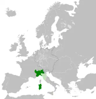 Kingdom of Sardinia in 1859 including conquest of Lombardy; client states in light green