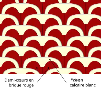 Assemblage de cœurs rouges surmontés de peltas blanches et assemblés en quinconce.