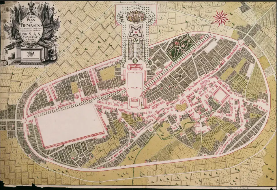 1762 city plan of Pirmasens. Schloss Pirmasens is in the middle. Above the palace is the drill house, and right above are Landgravinne Caroline's gardens with a pavilion in the middle