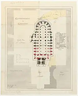 Plan for the completion of the cathedral (in red) and junction with bell tower (19th century)