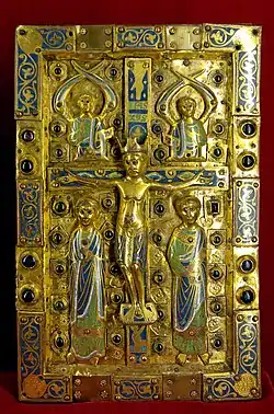 Book-cover plaque with appliqué enamelled figures, 13th century