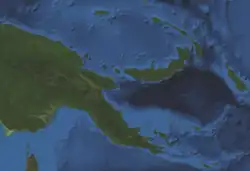 Satellite image of Papua New Guinea modified to show oceanic features, with the forests covering the country clearly visible as green over most of the country