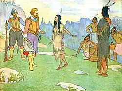 A simple drawing of a young dark-haired Native American woman speaking to two men in armor from the early 1600s. Several Native Americans look on from the right.