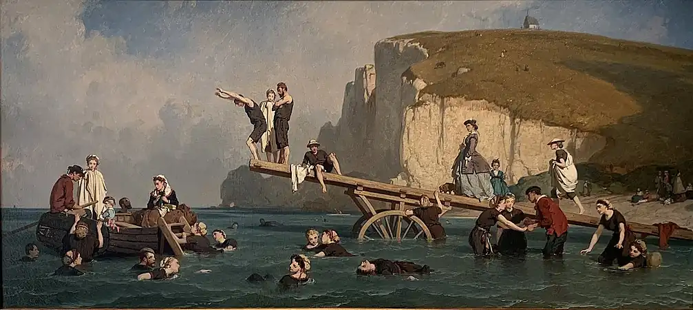 Bains de mer à Étretat (Sea Bathing at Étretat), 1866, Musée des beaux-arts de Troyes. The young man about to dive has been identified as Guy de Maupassant; the head at left is thought to be a self-portrait.[42]