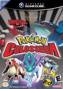 A teenage boy with grey hair and a blue jacket stands in the background, looking menacingly at the camera. In the foreground are several large creatures: a red robot-like wingless dragon, a blue robot-like whale, and three dogs with classical visual motifs of fire, ice, and electricity. Superimposed on the scene is the bulky text "Pokémon Colosseum".
