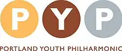 Three circles, each a different color, with a letter inside: "P", "Y", and "P". Below the three circles is the text "Portland Youth Philharmonic".