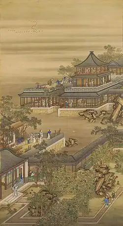 The Yongzheng Emperor Enjoying Himself During the 8th Lunar Month, by anonymous court artists, 1723–1735 AD, Palace Museum, Beijing, showing the use of linear perspective.