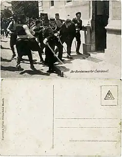 Postcard published by Philipp Rubel, printed with a caption identifying the suspect as "bomb thrower Čabrinović".