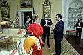 US President Ronald Reagan and Nancy Reagan meets Egyptian President Hosni Mubarak and Suzanne Mubarak at Mubarak's state visit to Washington, March 1982