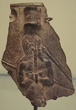 Prisoner of the Akkadian Empire, nude, fettered, drawn by nose ring, with pointed beard and vertical braid. Fragment of a vase possibly from Warka, ancient Uruk. Louvre museum.[28]