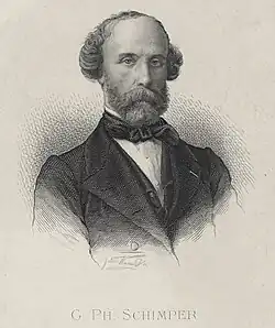 A realistic black-and-white portrait of Schimper, who had a full beard and mustache, sideburns, a receding hairline, and is dressed in a formal jacket and bowtie