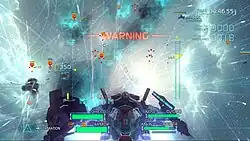 Gauges at the bottom of the user interface show the shield strength and weapons ammunition. Figures at the top right show the number of enemies destroyed and time remaining to complete the mission. Red markers highlight enemies, who leave pink trails in their wake. Friendly crafts leave blue contrails, and missiles white.