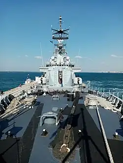 Bow view of the forward main guns of Francesco Mimbelli on 14 September 2019.
