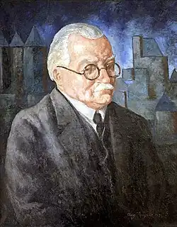 Color painting of Prosper Montagné, wearing a business suit and slightly facing to his left, with a night view of a town as the background.