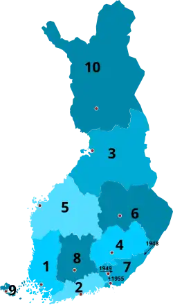 1947-1960   1 Turku and Pori   2 Uusimaa   3 Oulu   4 Mikkeli   5 Vaasa   6 Kuopio   7 Kymi   8 Tavastia   9 Åland 10 Lapland