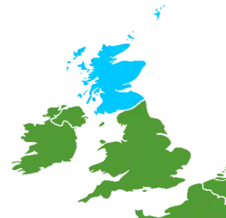 A map of the United Kingdom area, with Scotland colored
