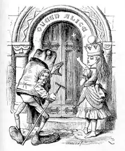 Young girl wearing golden crown standing in front of a doorway that has "Queen Alice" in large letters above it. A frog the same size as the girl stands next to her, pointing