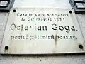 Commemorative plaque on Octavian Goga's birth home in Rășinari, which reads: "The house in which Octavian Goga, the poet of our sufferings, was born on 20 March 1881."