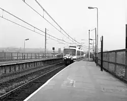 Metrolink tram arrives at Radcliffe in 1992