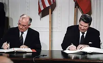 Mikhail Gorbachev and Ronald Reagan sign the Intermediate-Range Nuclear Forces Treaty at the White House in 1987. Gorbachev was the final leader of the Soviet Union before its dissolution in 1991.