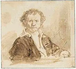 1636, Kupferstichkabinett Berlin, pen and brush in brown ink. The "highly informal mode of dress", with open shirt, is unique in his self-portraits.[51]