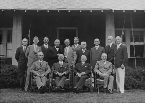 Wood is standing farthest on the right in this 7 August 1928 photograph of retired U.S. Navy rear admirals and other retirees at Wood's home in Jamestown, Rhode Island.