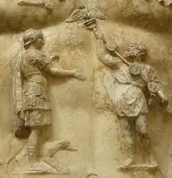 Detail of the central breastplate relief on the statue of Augustus of Prima Porta shows the return of the Aquilae lost to the Parthians. The return of the eagles was one of Augustus's notable diplomatic achievements.
