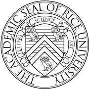 The academic seal of Rice University. A shield divided by a chevron, carrying three owls as charges, with scrollwork saying LETTERS, SCIENCE, ART