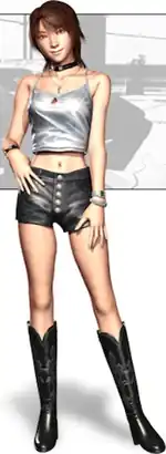 A 3D render of an Asian woman with shoulder length hair wearing a silver tank top, black skirt and matching boots.