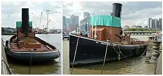 Knocker White, a Dutch-built tugboat currently preserved as a museum ship at Trinity Buoy Wharf.