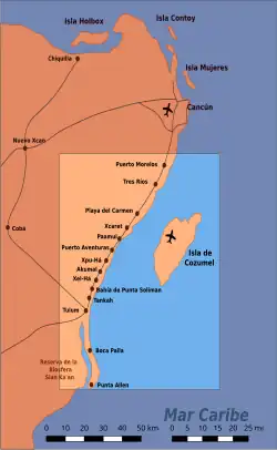 Map of the Riviera Maya in Quintana Roo. From north to south: Puerto Morelos, Tres Ríos, Playa del Carmen, Xcaret, Paamul, Puerto Aventuras, Xpu Há, Akumal, Xel-Há, Bahía de Punta Soliman, Tankah, Tulum, Boca Paila, Punta Allen. Cozumel is not within it.