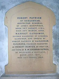 The memorial to Robert Patrick of Hazlehead in Beith Auld Kirk.