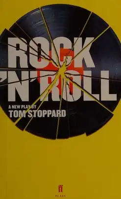 This is the cover of the play. There is a medium dark shade of yellow background, on top of which is an image of a vinyl record that has been shattered into fragments. The text ROCK 'N' ROLL appears in capital letters. Below the title are the words "A NEW PLAY BY TOM STOPPARD". At the bottom of the image is a small red logo, "ff PLAYS".