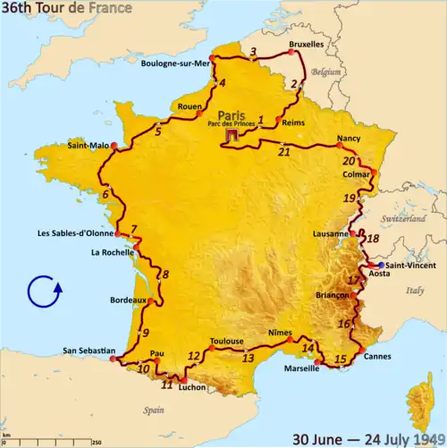 Route of the 1949 Tour de France followed counterclockwise, starting and finishing in Paris