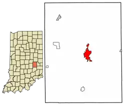 Location of Rushville in Rush County, Indiana.