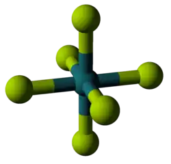 A molecule diagram, with a blue sphere being connected with a stick to 6 yellow-green ones to form an octahedron