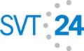 SVT24's first logo from 1999 to 2001, there is the word SVT in blue text, and to the right of it there are seven gray dots and on the right of them is the number 24 on blue and bolder text.