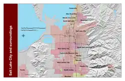 A map showing the Salt Lake Valley. It shows the locations of the cities inside the valley with mountain ranges on either side of the valley.