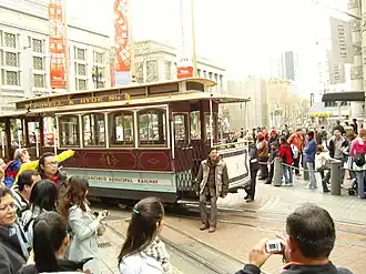 Drivers turning a cable car on a turntable on the San Francisco cable car system at Market Street, San Francisco