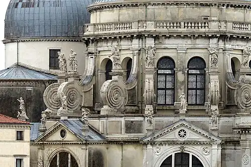 Baroque volutes on the Santa Maria della Salute, Venice, Italy, by Baldassare Longhena, 1631-1687