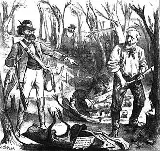 U.S. Secretary of the Interior Carl Schurz accosts Senator James G. Blaine chopping down a tree in the forest, c. 1878