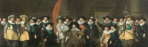 Civic guardsmen from the company of captain Jacob Symonszn de Vries (seated right) and lieutenant Dirck Jacobszn de Graeff (seated left), painted by Thomas de Keyser (1633)