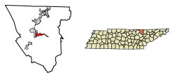 Location of Huntsville in Scott County, Tennessee.