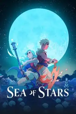 A woman and a man crouching in front of a full moon, with "Sea of Stars" beneath them.