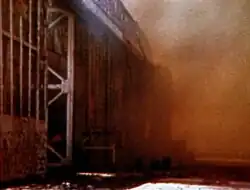 Seaplane hangar on Sand Island burning