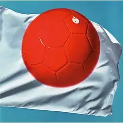 A red soccer ball against a white flag on a blue background. The ball has a small white logo of an apple.